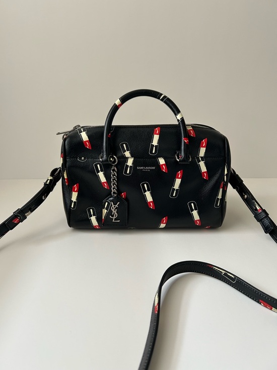 Saint Laurent Handbags - Saint Laurent Black Leather Satchel with Red Lipstick Print